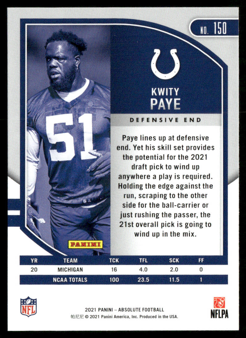 Kwity Paye 2021 Panini Absolute Retail #150 RC Indianapolis Colts