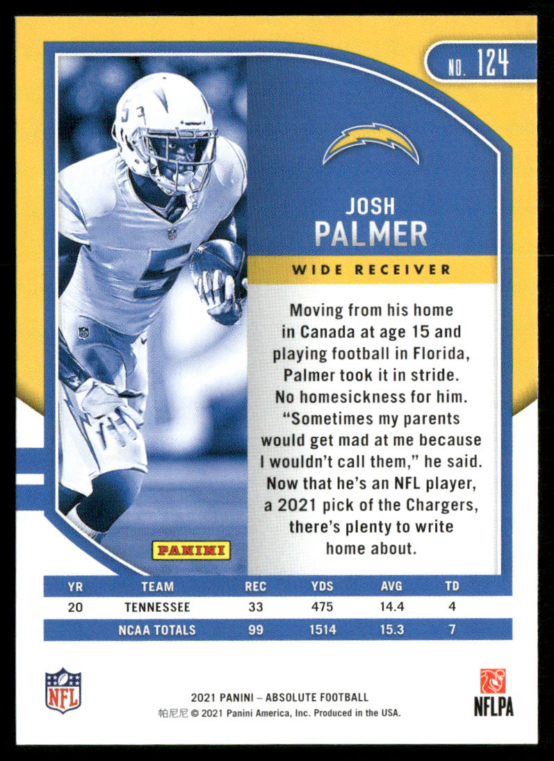 Josh Palmer 2021 Panini Absolute Retail #124 RC Los Angeles Chargers