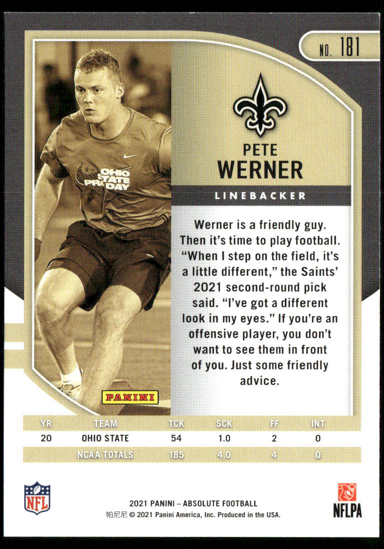 Pete Werner 2021 Panini Absolute Retail #181 RC New Orleans Saints