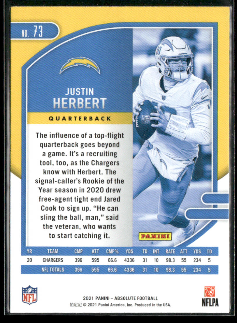 Justin Herbert 2021 Panini Absolute Retail #73 Los Angeles Chargers