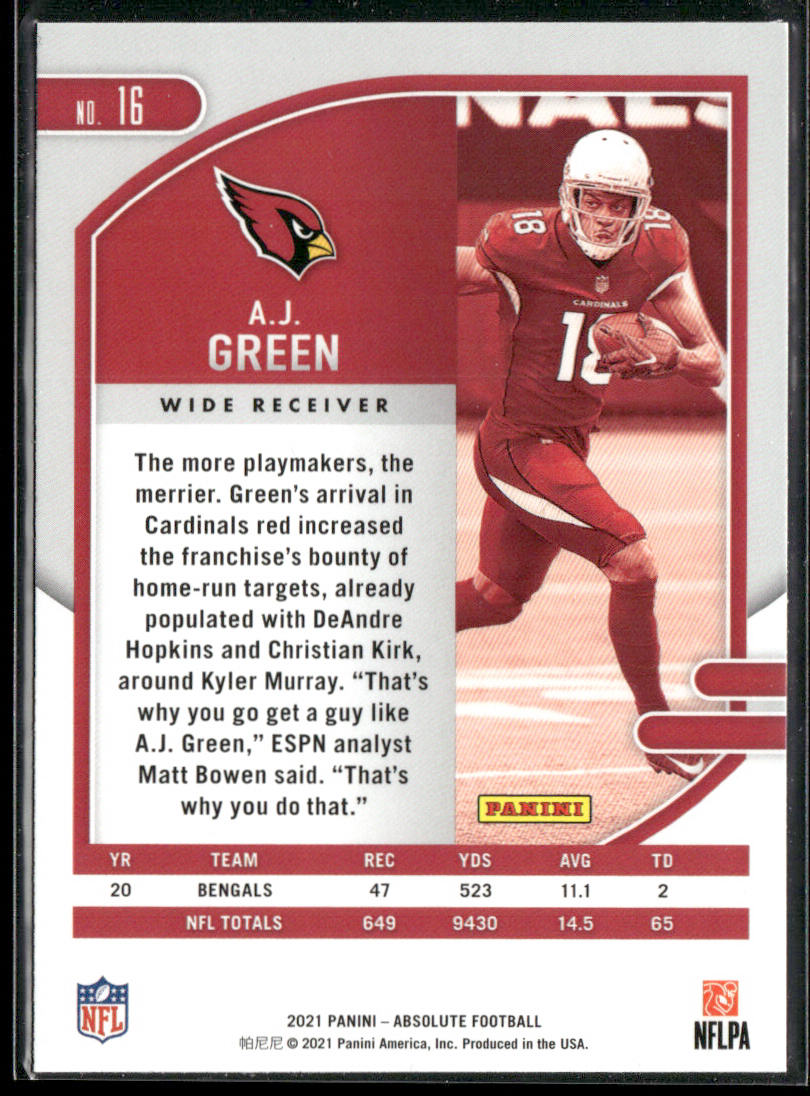 A.J. Green 2021 Panini Absolute Green #16 Arizona Cardinals