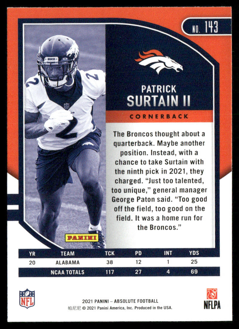 Patrick Surtain II 2021 Panini Absolute Retail #143 RC Denver Broncos