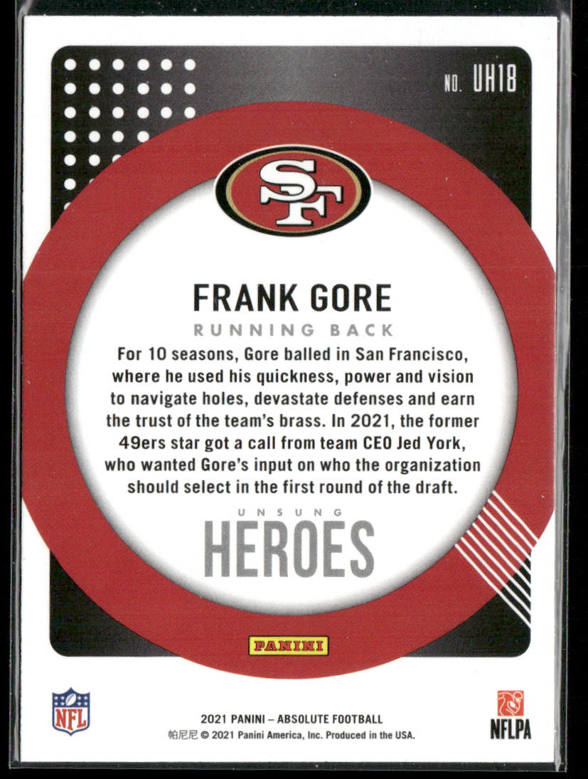 Frank Gore 2021 Panini Absolute Unsung Heroes #UH18 San Francisco 49ers