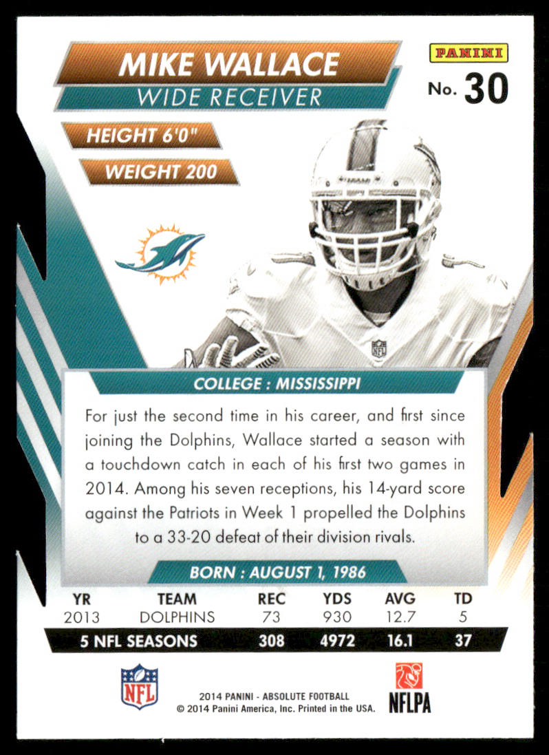 Mike Wallace 2014 Panini Absolute Retail #30 Miami Dolphins