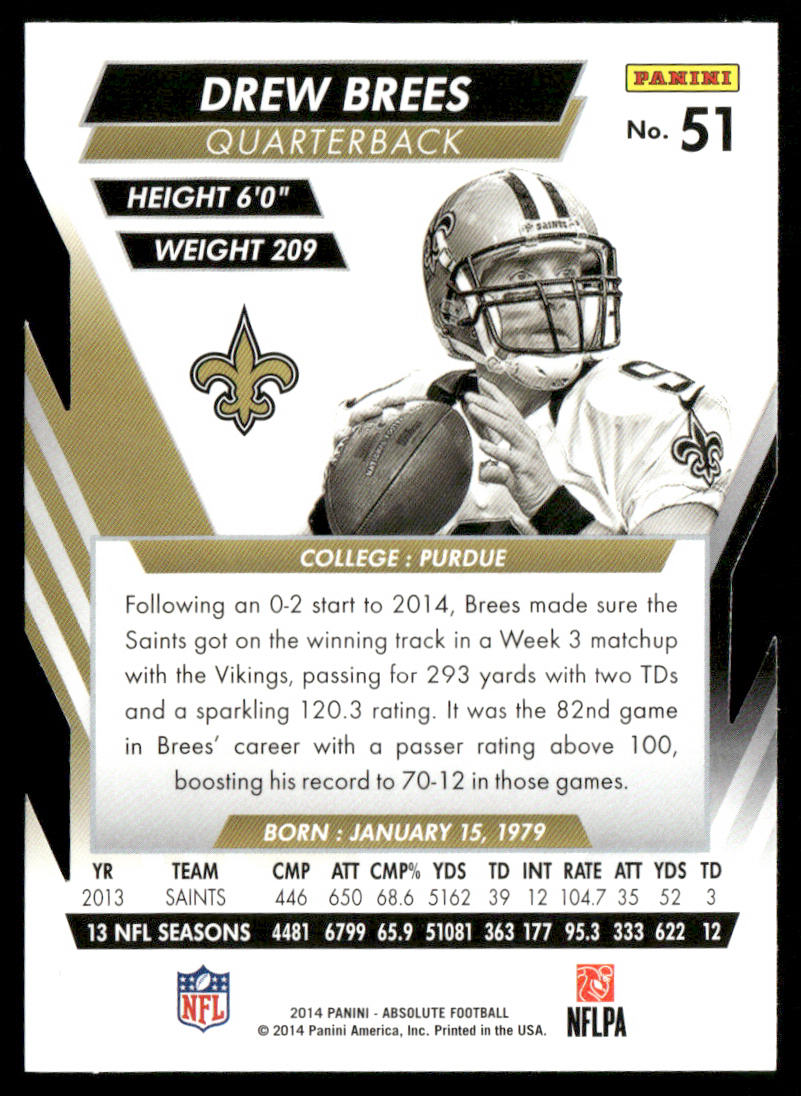 Drew Brees 2014 Panini Absolute Retail #51 New Orleans Saints