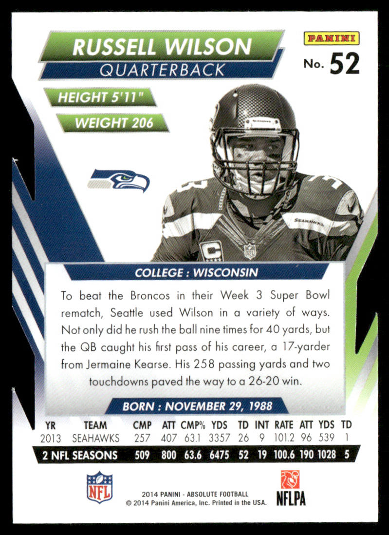 Russell Wilson 2014 Panini Absolute Retail #52 Seattle Seahawks