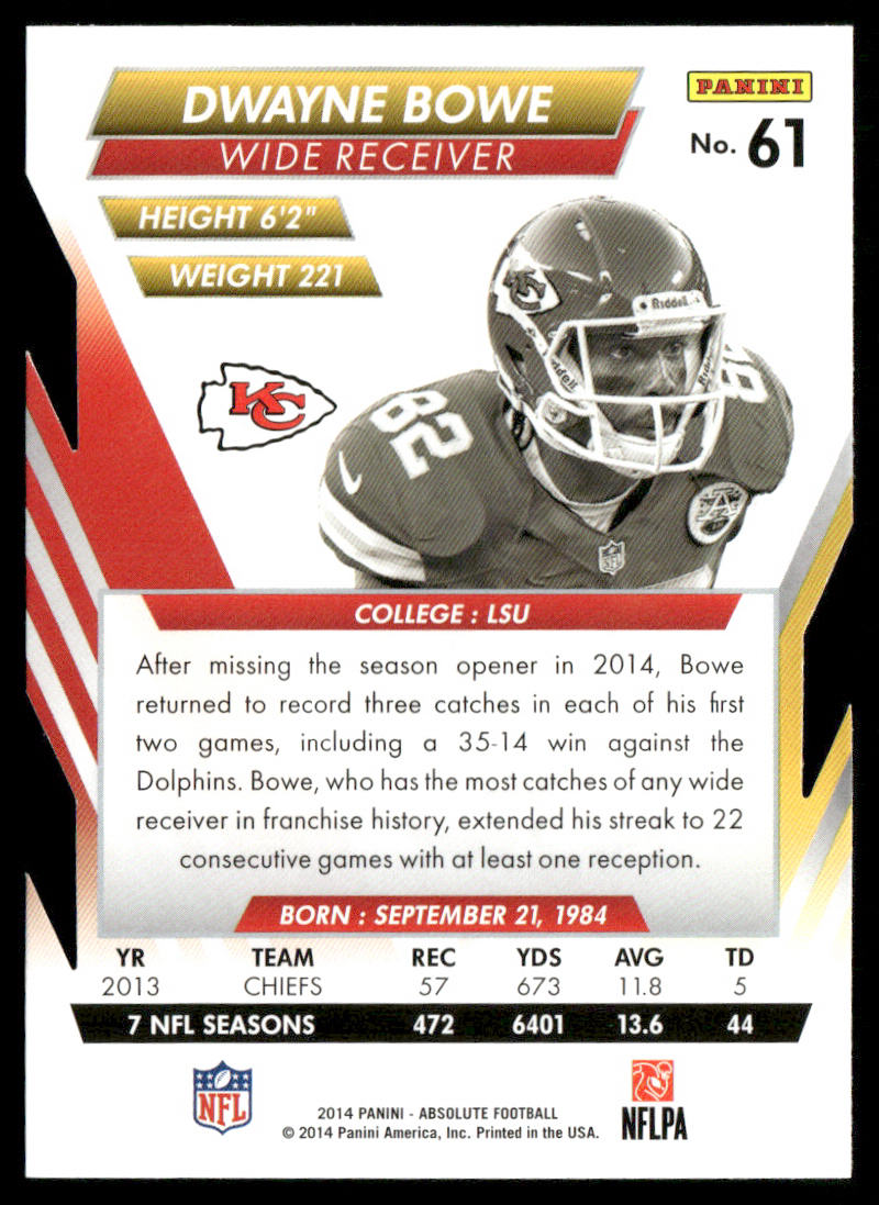 Dwayne Bowe 2014 Panini Absolute Retail #61 Kansas City Chiefs