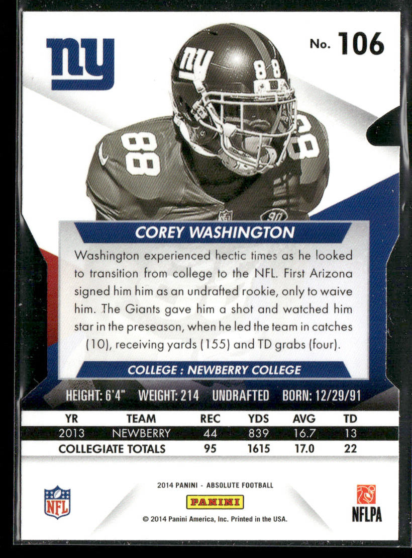 Corey Washington 2014 Panini Absolute Retail #106 RC New York Giants