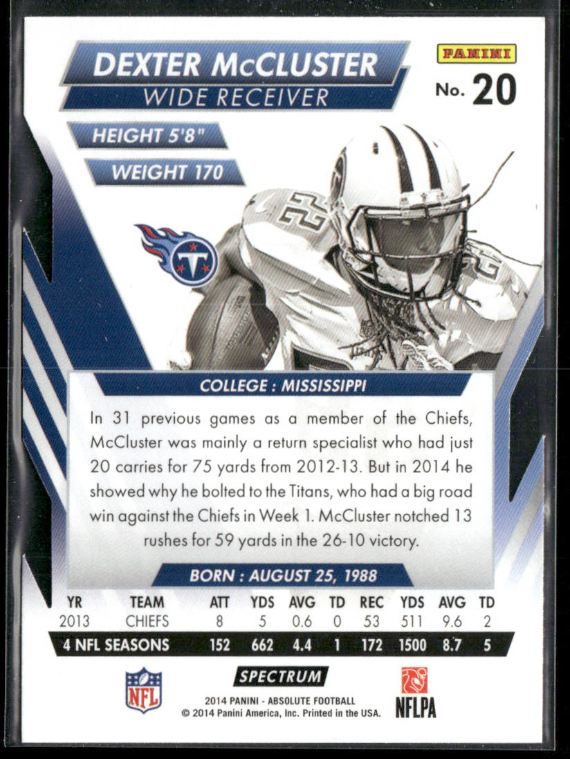 Dexter McCluster 2014 Panini Absolute Retail Red #20 Tennessee Titans