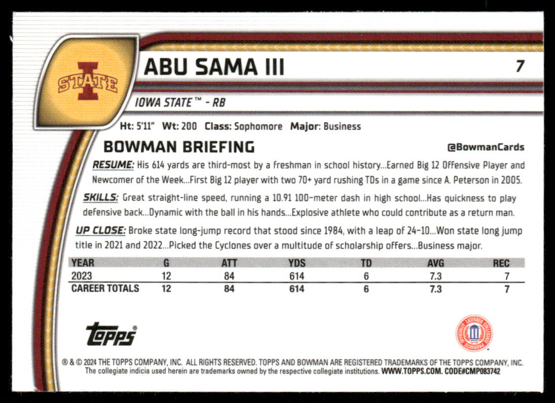 Abu Sama III 2024 Bowman University Chrome #7 Iowa State Cyclones