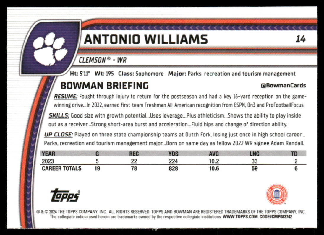 Antonio Williams 2024 Bowman University Chrome #14 Clemson Tigers