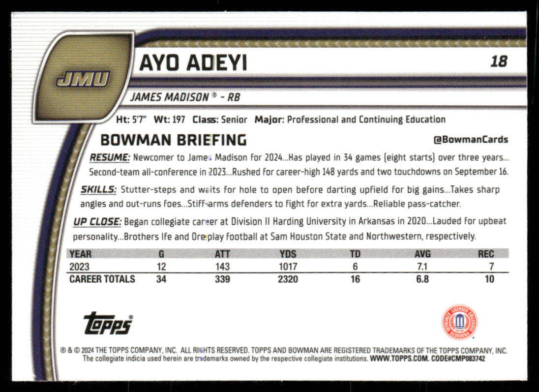 Ayo Adeyi 2024 Bowman University Chrome #18 James Madison Dukes