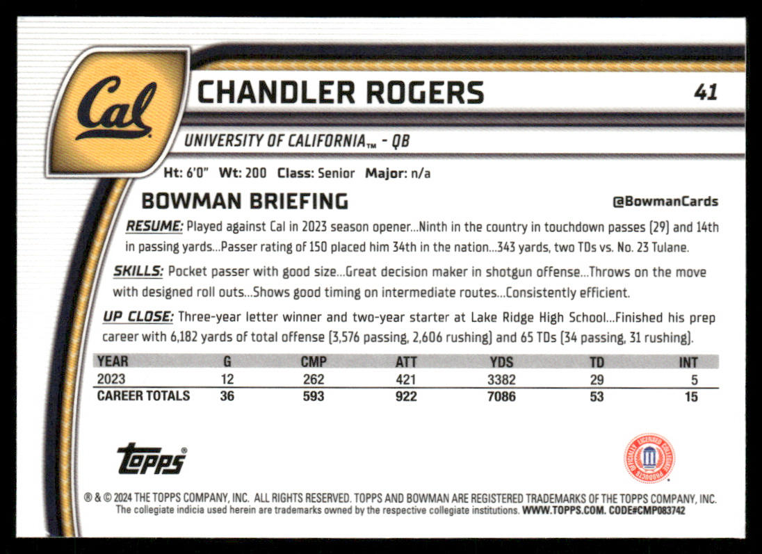Chandler Rogers 2024 Bowman University Chrome #41 California Golden Bears