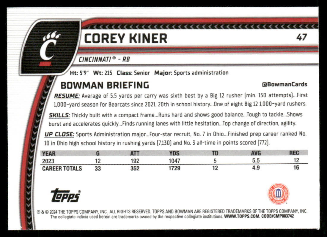 Corey Kiner 2024 Bowman University Chrome #47 Cincinnati Bearcats