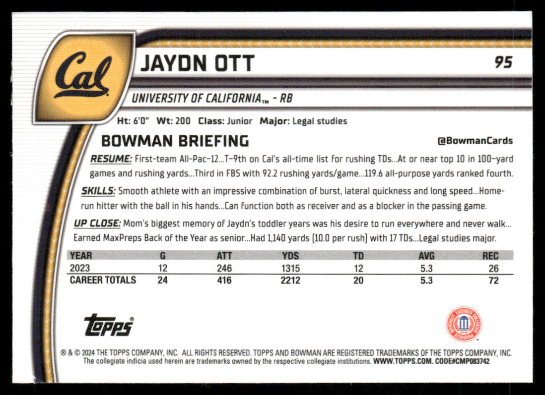 Jaydn Ott 2024 Bowman University Chrome #95 California Golden Bears