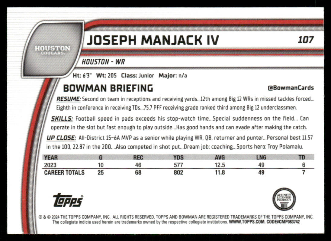 Joseph Manjack IV 2024 Bowman University Chrome #107 Houston Cougars