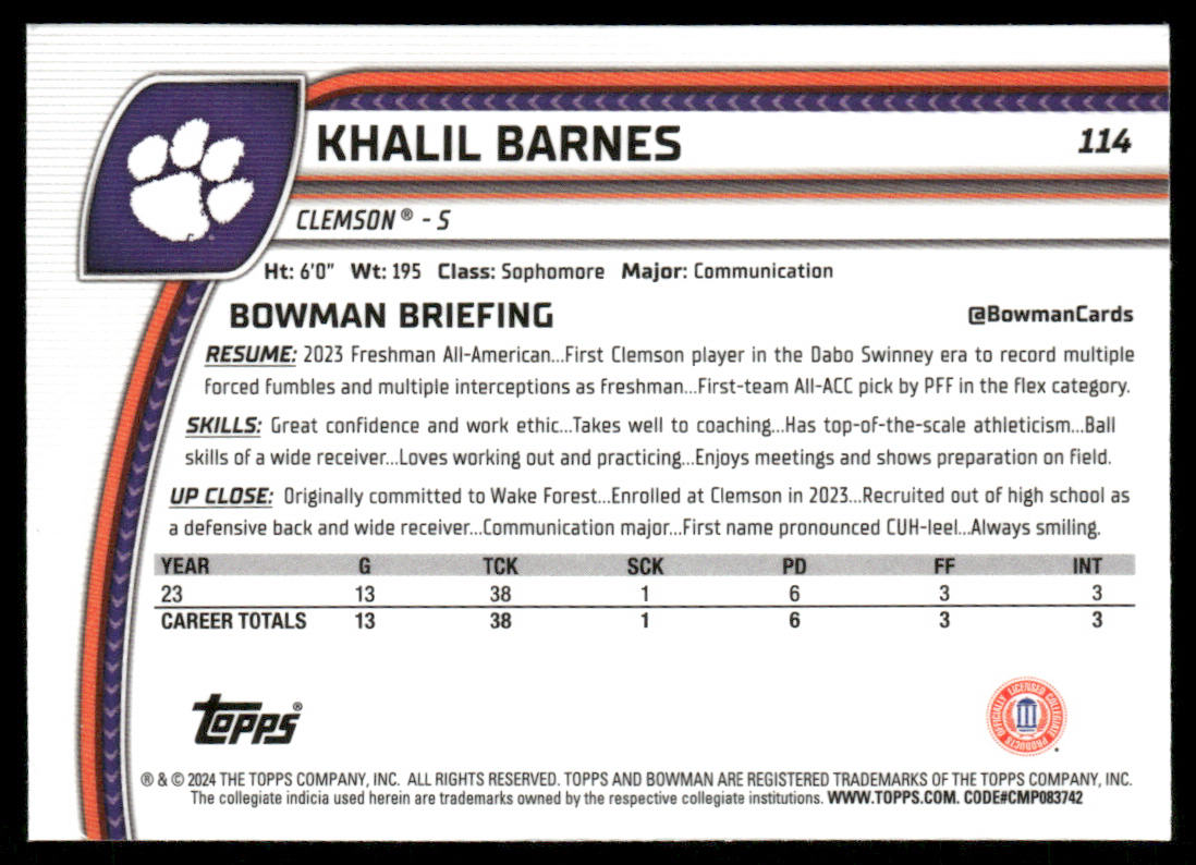 Khalil Barnes 2024 Bowman University Chrome #114 Clemson Tigers