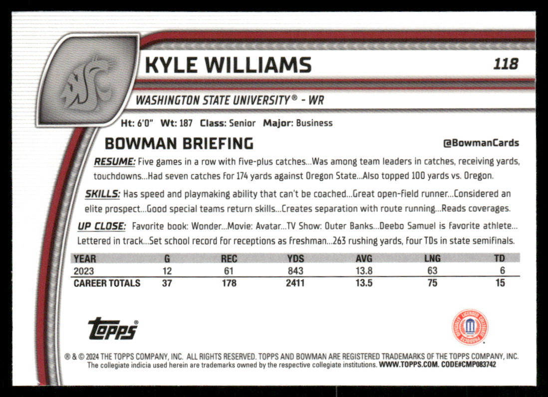 Kyle Williams 2024 Bowman University Chrome #118 WSU Cougars
