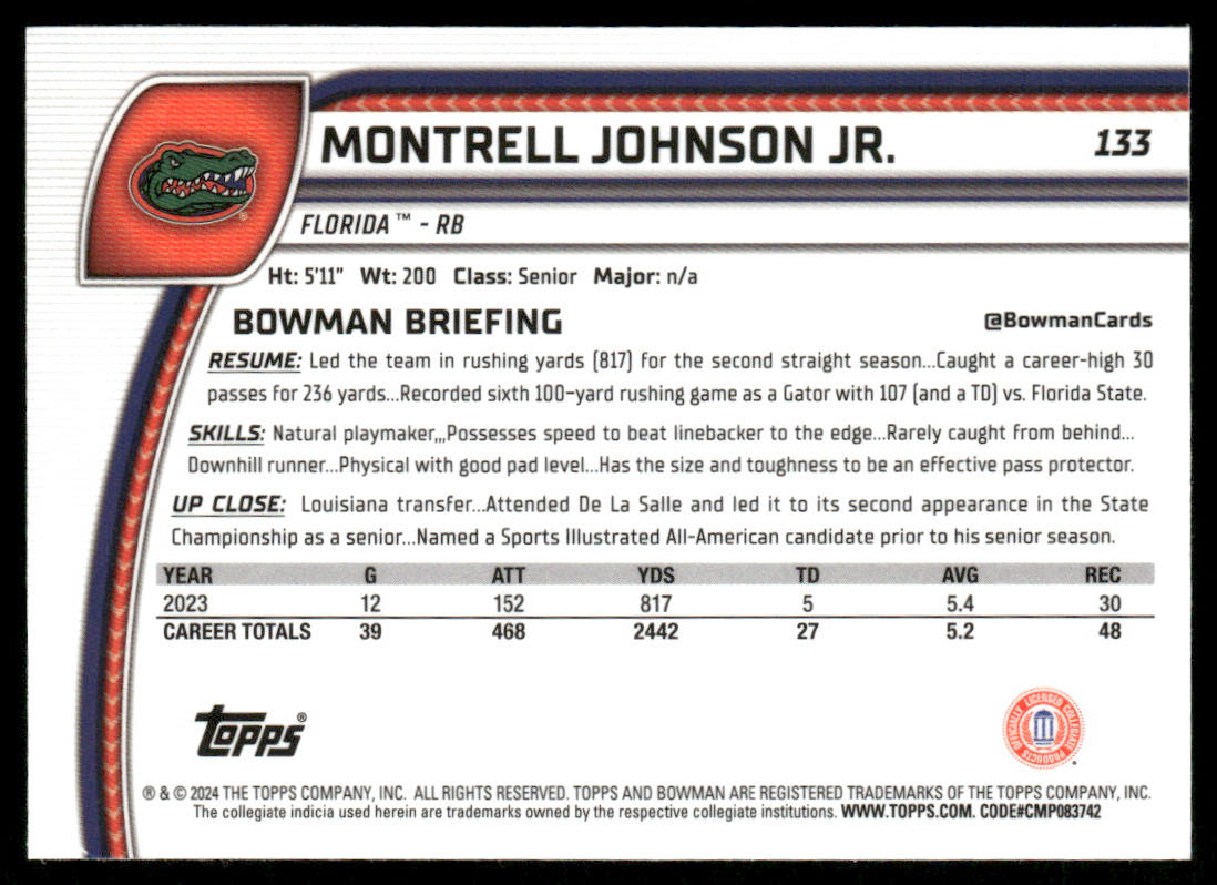 Montrell Johnson Jr. 2024 Bowman University Chrome #133 Florida Gators
