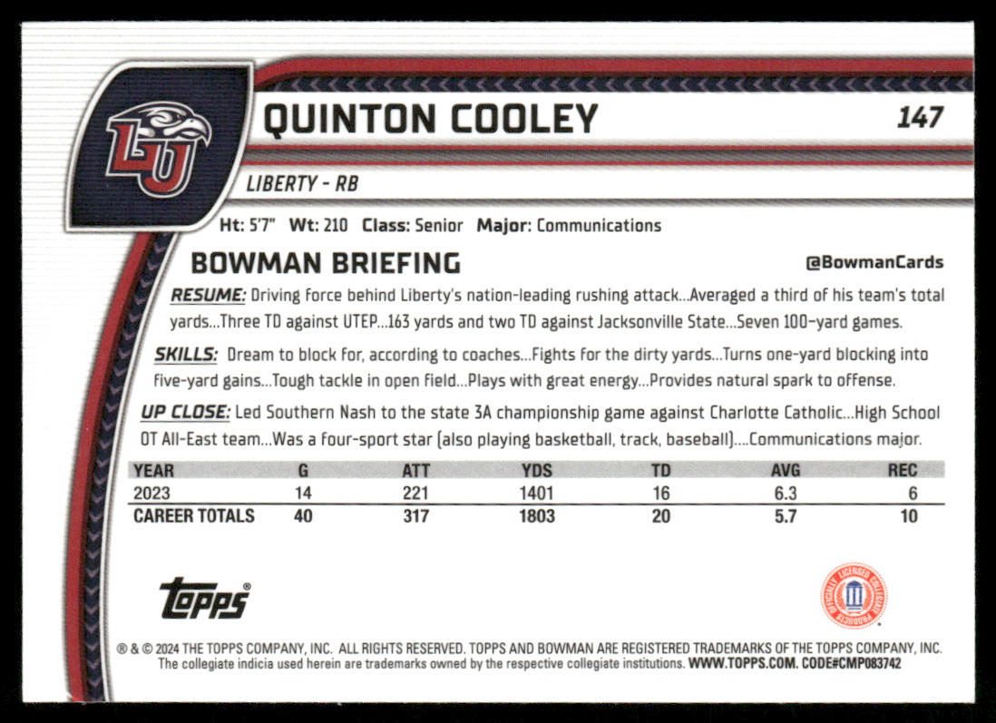 Quinton Cooley 2024 Bowman University Chrome #147 Liberty Flames