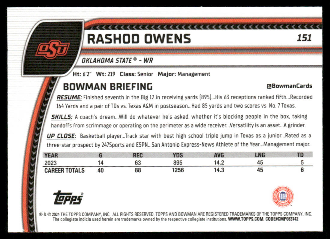 Rashod Owens 2024 Bowman University Chrome #151 Oklahoma State Cowboys