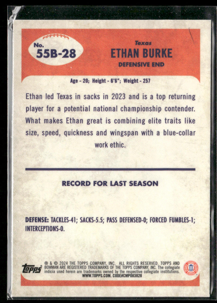 Ethan Burke 2024 Bowman University Chrome 1955 Bowman Football #55B-28 Longhorns