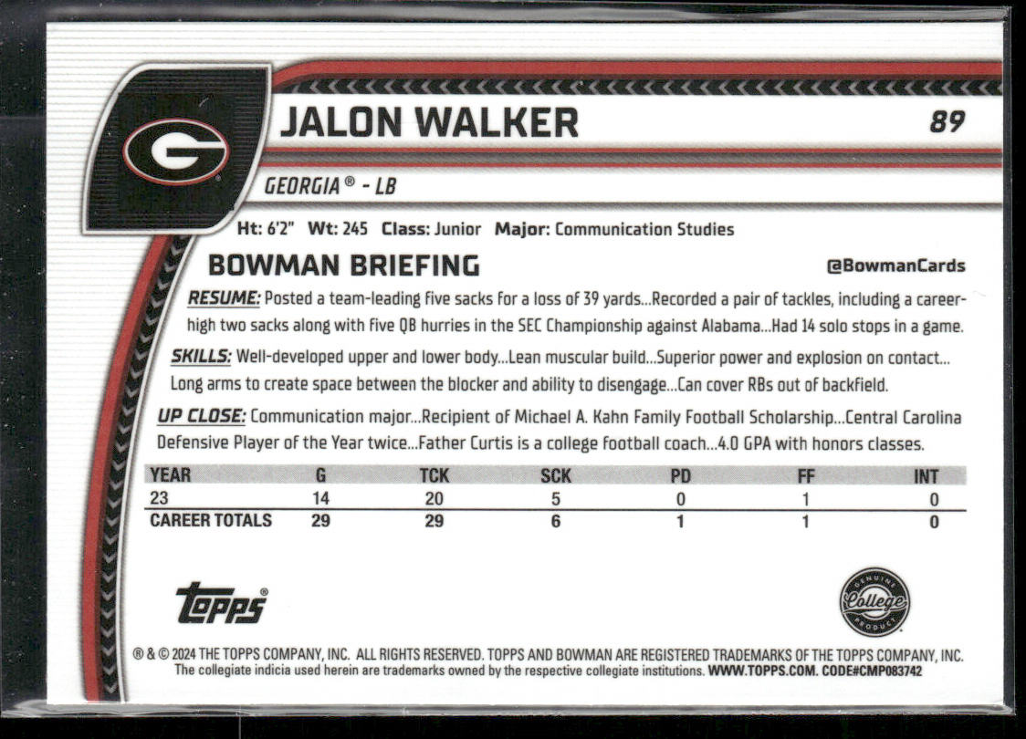 Jalon Walker 2024 Bowman University Chrome Pink Lava Refractor #89 Bulldogs