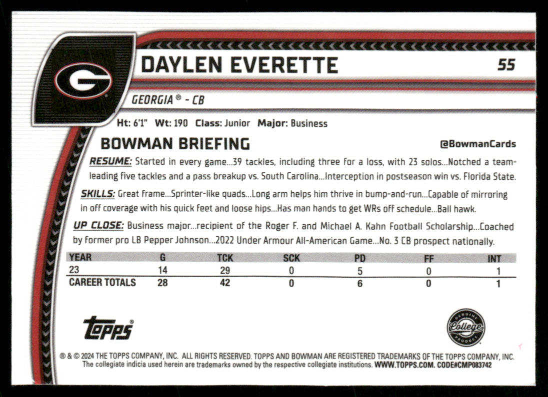 Daylen Everette 2024 Bowman University Chrome #55 Georgia Bulldogs