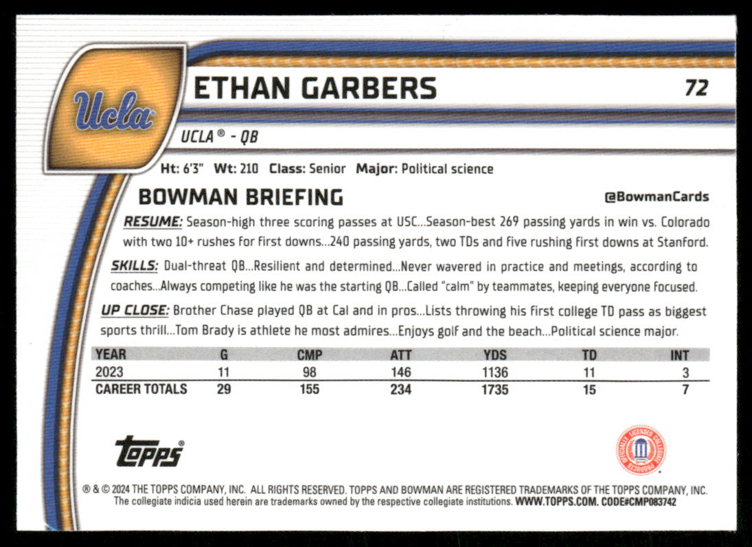 Ethan Garbers 2024 Bowman University Chrome #72 UCLA Bruins