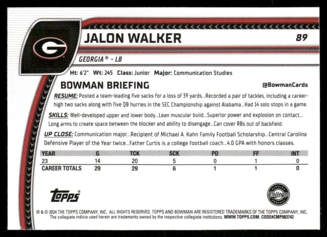 Jalon Walker 2024 Bowman University Chrome #89 Georgia Bulldogs