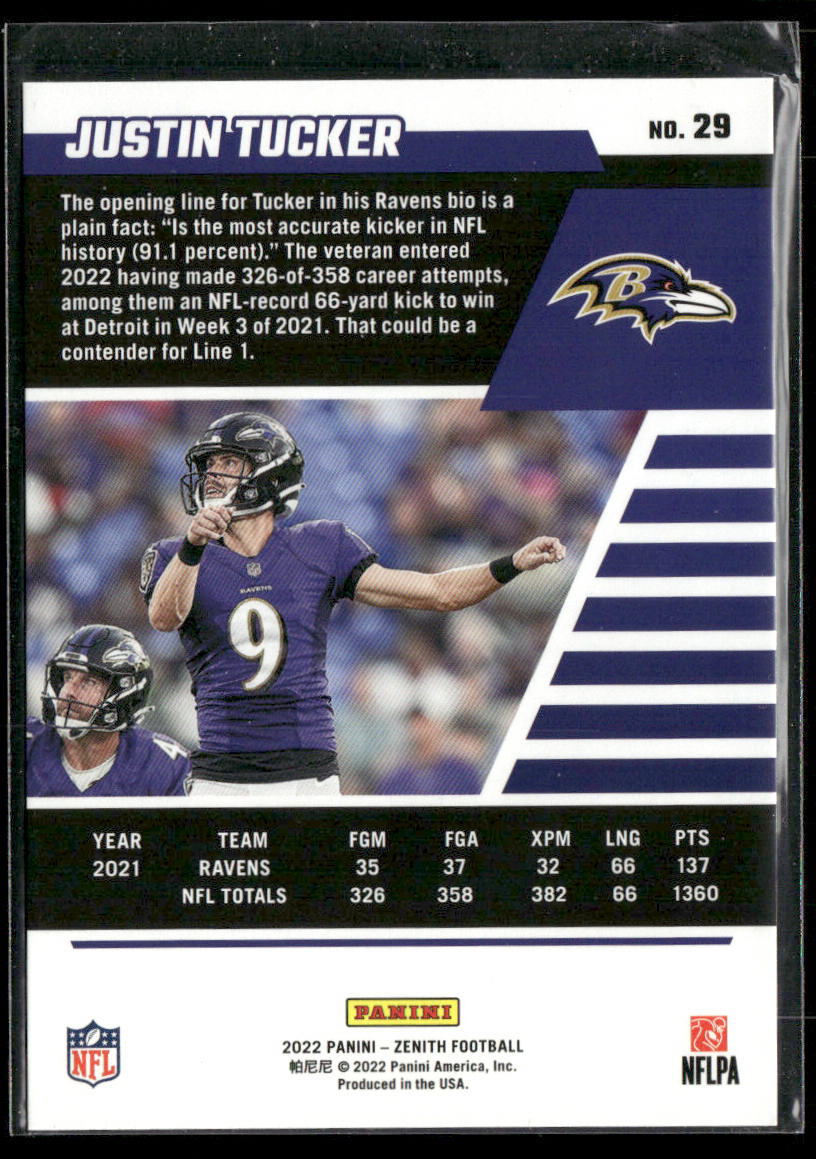 Justin Tucker 2022 Zenith Red Zone #29 Baltimore Ravens