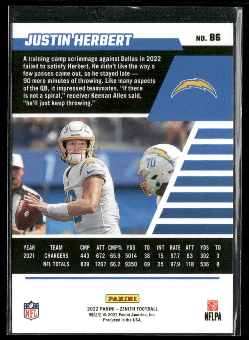 Justin Herbert 2022 Zenith Red Zone #86 Los Angeles Chargers
