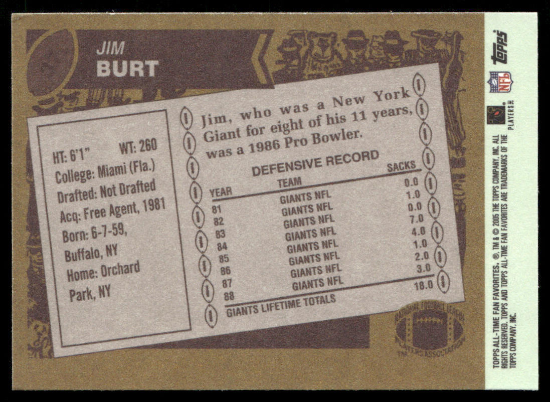 Jim Burt 2004 Topps Fan Favorites #37 New York Giants