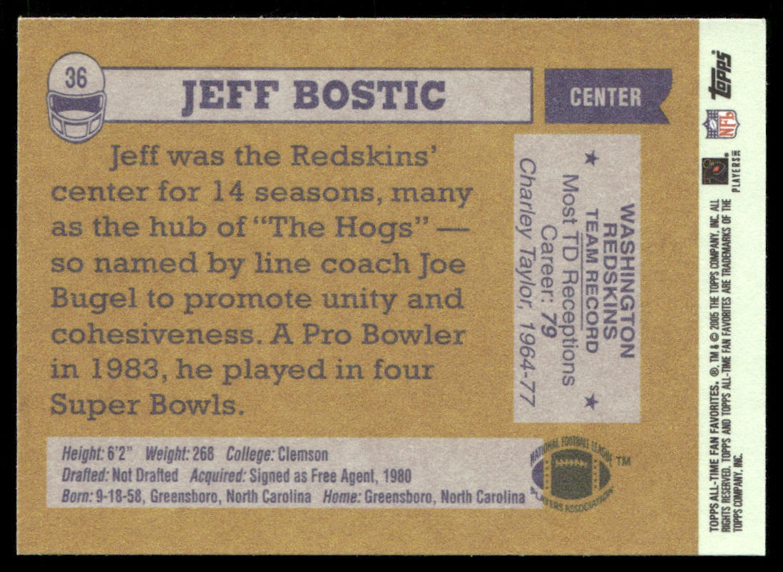 Jeff Bostic 2004 Topps Fan Favorites #36 Washington Redskins