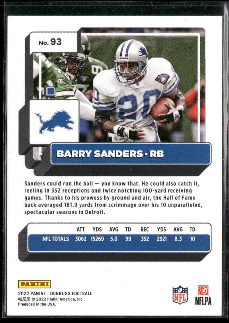 Barry Sanders 2022 Donruss #93 Detroit Lions