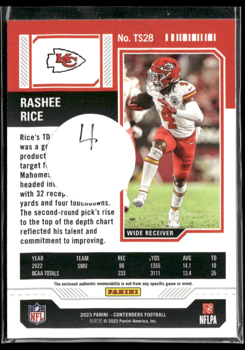 Rashee Rice 2023 Panini Contenders Rookie Ticket Swatches #TS28 MEM Chiefs