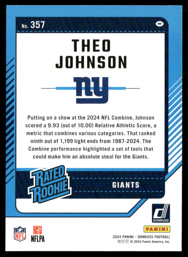 Theo Johnson 2024 Donruss #357 RC New York Giants