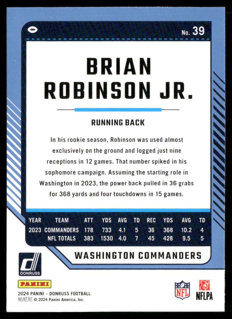 Brian Robinson Jr. 2024 Donruss #39 Washington Commanders