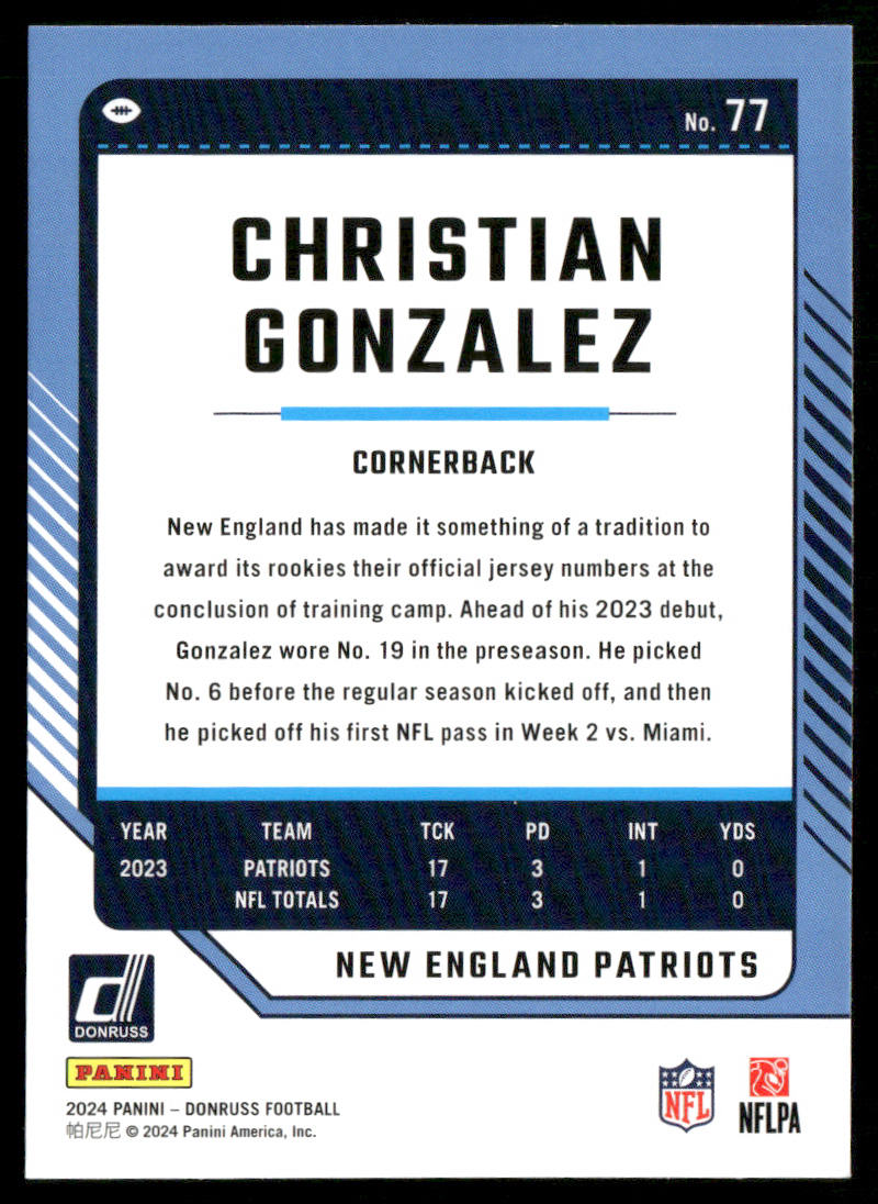 Christian Gonzalez 2024 Donruss #77 New England Patriots