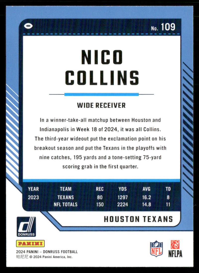 Nico Collins 2024 Donruss #109 Houston Texans