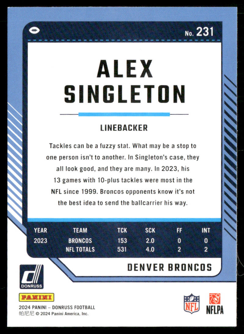 Alex Singleton 2024 Donruss #231 Denver Broncos