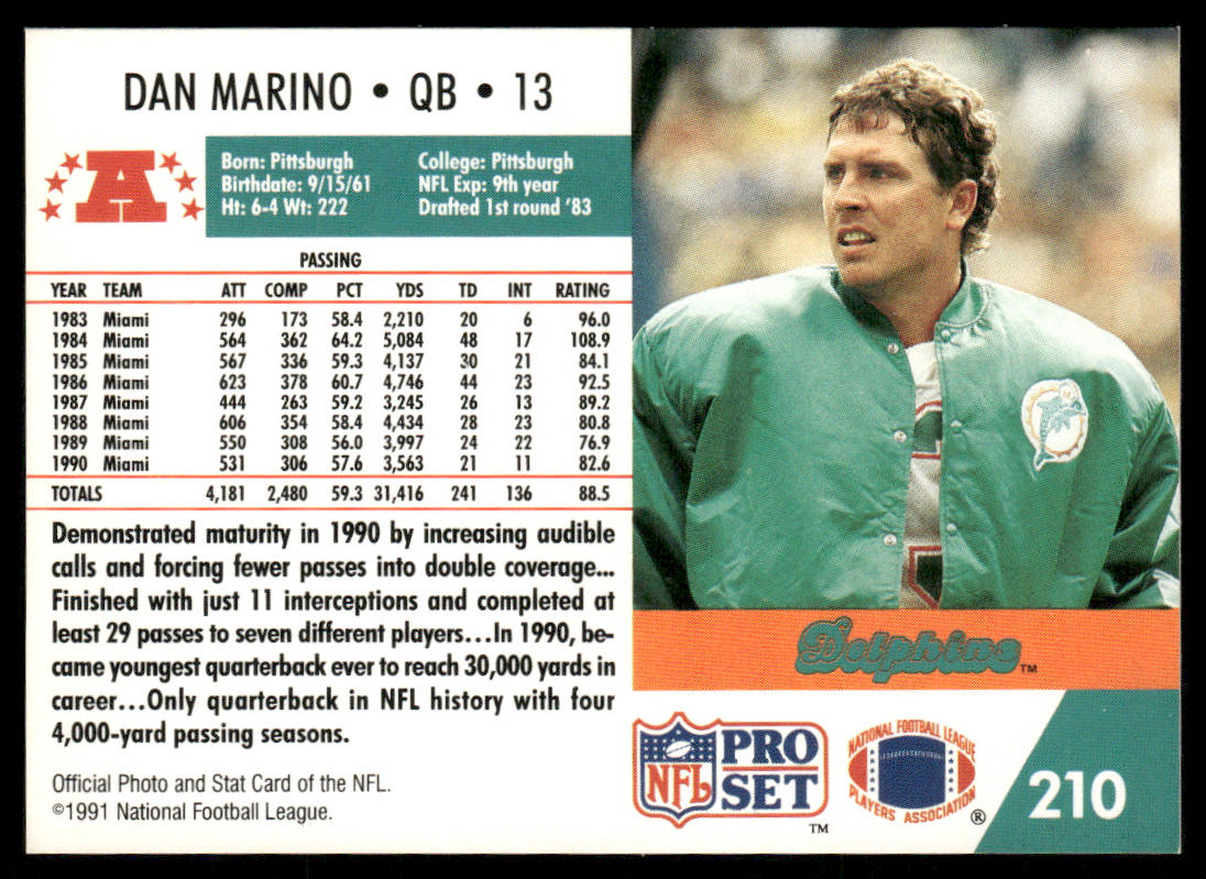 Dan Marino 1991 Pro Set #210 Miami Dolphins