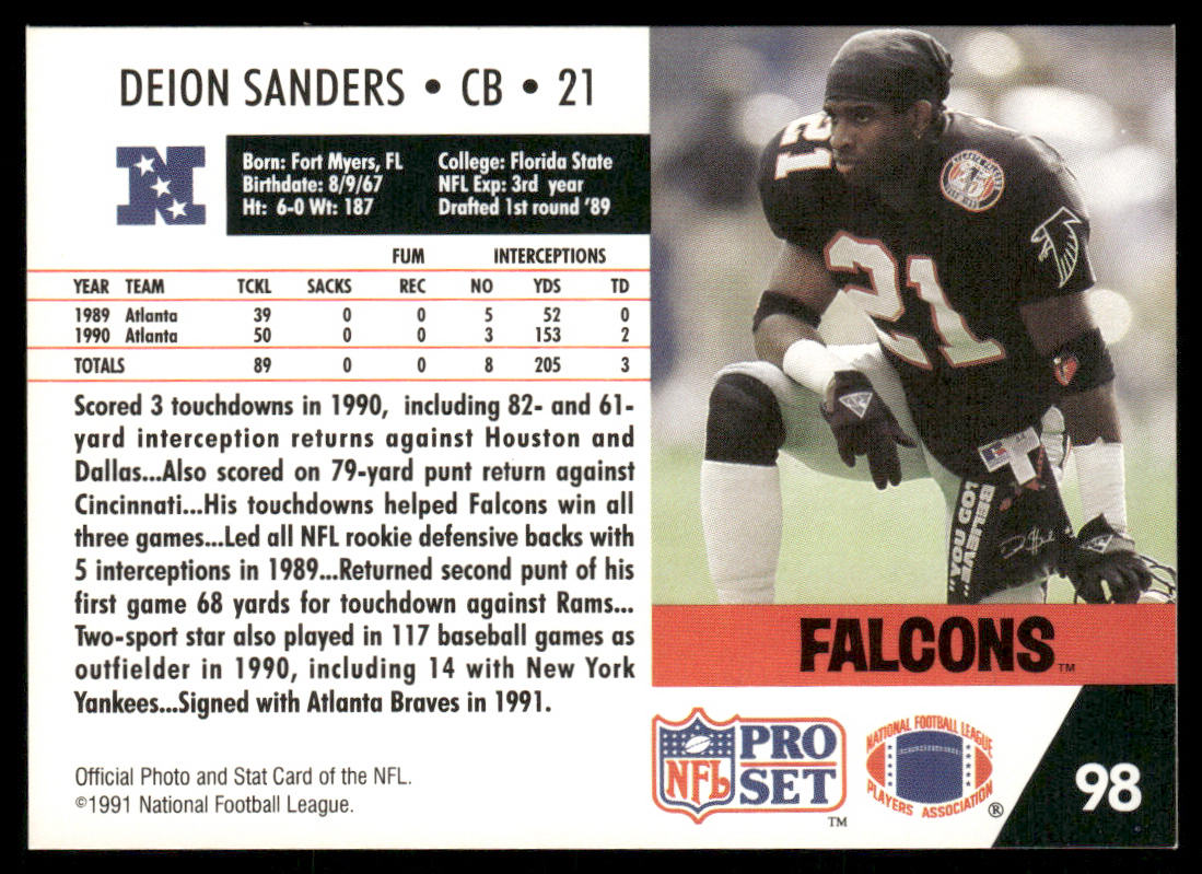 Deion Sanders 1991 Pro Set #98 Atlanta Falcons