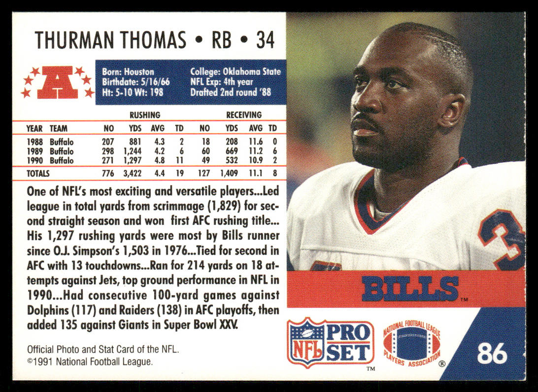 Thurman Thomas 1991 Pro Set #86 Buffalo Bills