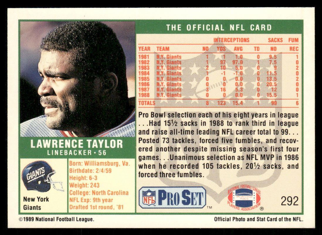 Lawrence Taylor 1989 Pro Set #292 New York Giants
