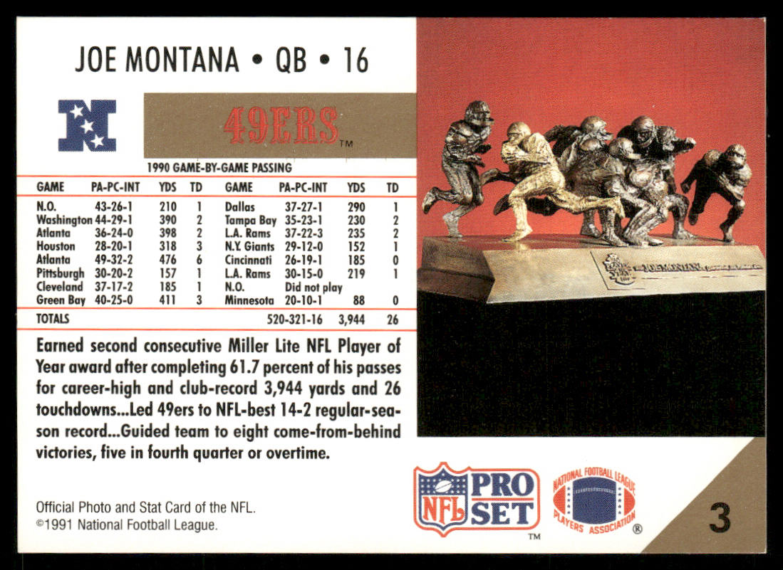 Joe Montana 1991 Pro Set #3 San Francisco 49ers