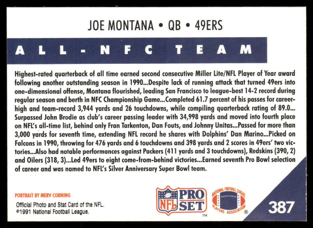 Joe Montana 1991 Pro Set #387 San Francisco 49ers