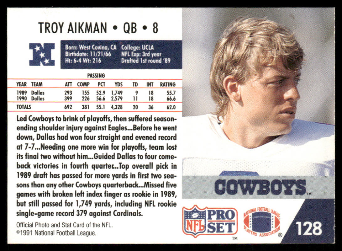 Troy Aikman 1991 Pro Set #128 Dallas Cowboys