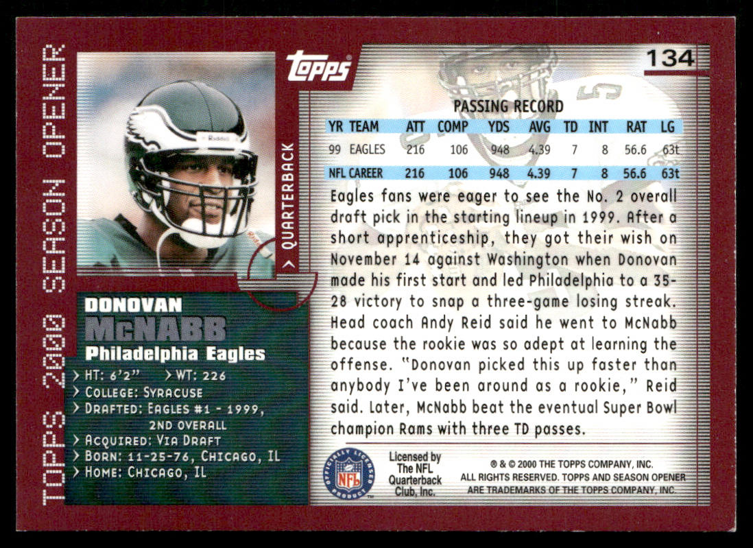 Donovan McNabb 2000 Topps Season Opener #134 Philadelphia Eagles