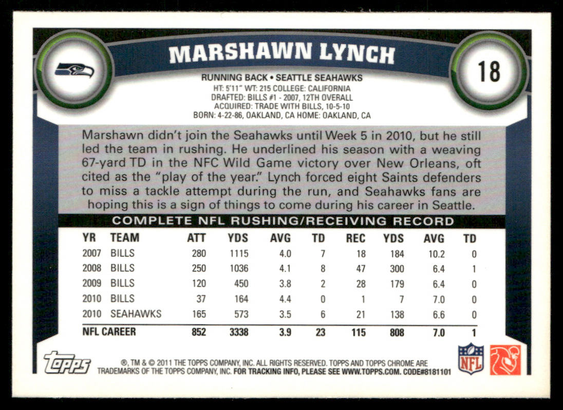 Marshawn Lynch 2011 Topps Chrome #18 Seattle Seahawks